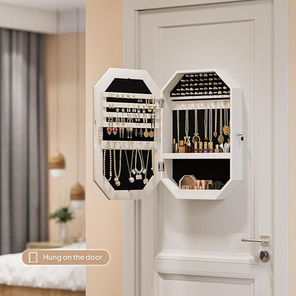 Bonnlo Modern Diamond-Shaped Jewelry Armoire, Lockable Octagonal Jewelry Cabinet Organizer with Mirror, Wall Mounted for Space Saving