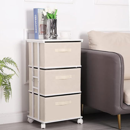 MAX Houser Dresser Tower with 3 Drawers for Bedroom, Fabric Storage Organizer Unit, Chest of Drawers with with WoodTop, Small Vertical Storage for Guest Room, Closet, Entryway, Nursery(Beige)