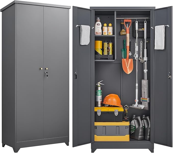 73''H Outdoor Storage Cabinet, Metal Garage Storage Cabinets with Doors and Shelves, Outdoor Broom Storage Cabinets, Waterproof Tool Shed for Patio Garden Backyard, Gray（15.4" D x 31.5" W ）