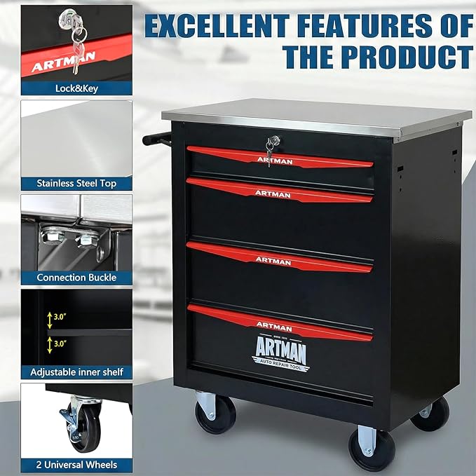 4-Drawer Rolling Tool Chest with Stainless Steel Countertop,Tool Chest with Secure Locking System,Mobile Storage Tool Cabinet with 360°Wheels and Padded Feet,for Home,Garage (Black+Red)