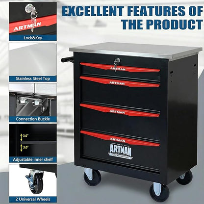 4-Drawer Rolling Tool Chest with Stainless Steel Countertop,Tool Chest with Secure Locking System,Mobile Storage Tool Cabinet with 360°Wheels and Padded Feet,for Home,Garage (Black+Red)