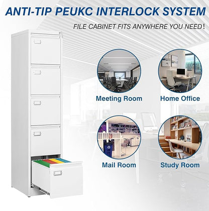 5-Drawer File Cabinet, 16.3" Deep Vertical Metal Filing Cabinet with Lock for Home Office, Anti-Tip 5 Storage Drawers for Letter/Legal/A4/F4 Size (Assemble Required, White)