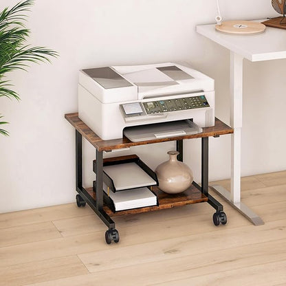 Livofloral Under Desk Printer Stand with Storage Shelf, 2-Tier Industrial Mobile Printer Table for Home and Office, Printer Stand with Wheels,Rustic Brown