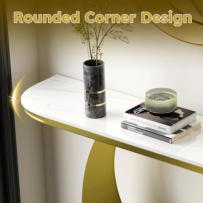 47.2" Premium Half-Console Table with Faux Marble Top & Gold Metal Base,Long Narrow Entryway Table for Hallway,Sofa Table & Accent Furniture for Foyer,Living Room,Bedroom,White & Gold