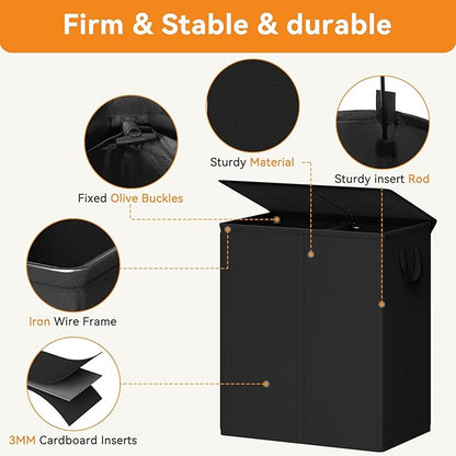 Chrislley 160L Laundry Hamper 2 Section, Double Laundry Basket with Lid, Large Dirty Clothes Hamper with Removable Liner Bags, Collapsible Laundry Organizer for Bedroom, Dorm,Black