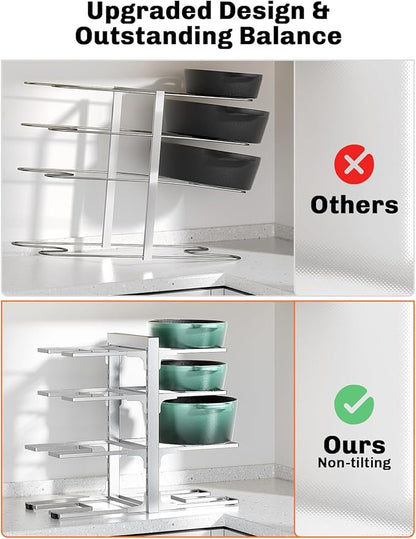 MUDEELA 8-Tier Pots and Pans Organizer under Cabinet, 15.83" Height Heavy Duty Pot Pan Organizer Kitchen Cabinet Organization and Storage, Adjustable Pot Rack for Frying Pan, Cast Iron Skillet, Sliver