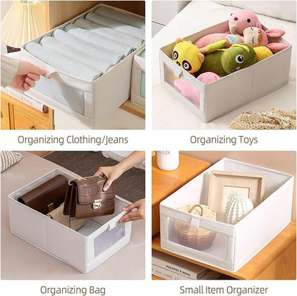 Linen Closet Organizers And Storage, 4 Pack Storage Bins Baskets for Organization Foldable Organizer with Clear Window Organizing Clothing, Jeans, Shelves