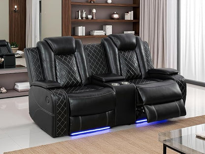Power Reclining Loveseat Set, Living Room Furniture Sets, Black Breathing Leather Power Recliner Sofa Lovseat with 2 Recliner Seats/LED Light/Cup Holders/Storage Console for Living Room/Rv Car