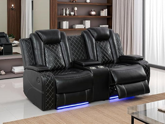 Power Reclining Loveseat Set, Living Room Furniture Sets, Black Breathing Leather Power Recliner Sofa Lovseat with 2 Recliner Seats/LED Light/Cup Holders/Storage Console for Living Room/Rv Car