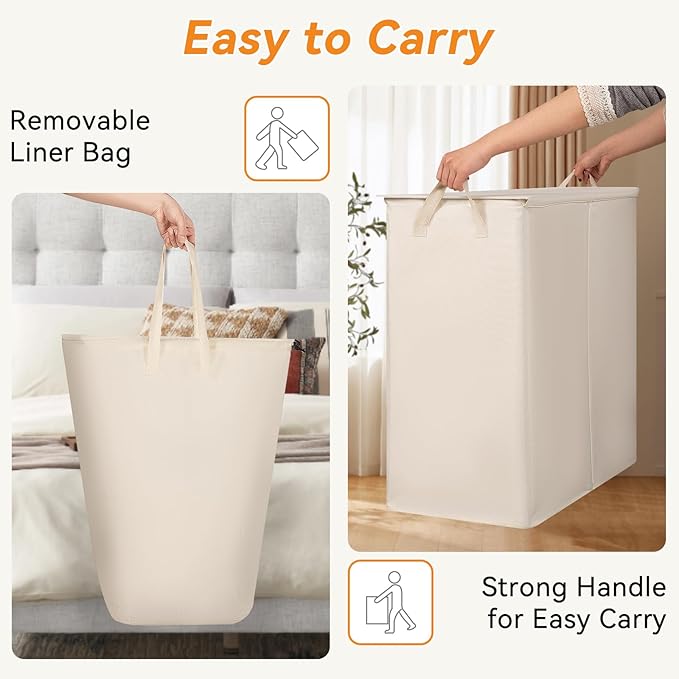 Chrislley 160L Laundry Hamper 2 Section, Double Laundry Basket with Lid, Large Dirty Clothes Hamper with Removable Liner Bags, Collapsible Laundry Organizer for Bedroom, Dorm,Beige