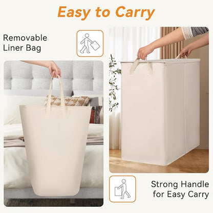 Chrislley 160L Laundry Hamper 2 Section, Double Laundry Basket with Lid, Large Dirty Clothes Hamper with Removable Liner Bags, Collapsible Laundry Organizer for Bedroom, Dorm,Beige