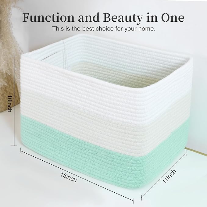 Hopegiver 3 Pack Rainbow Woven Storage Baskets for Shelves, 15x11x10 Inch Cotton Rope Decorative Organizer Bins for Blanket Clothes Book Baby Pet, Colorful Toy Basket for Nursery, Kids Room, Playroom