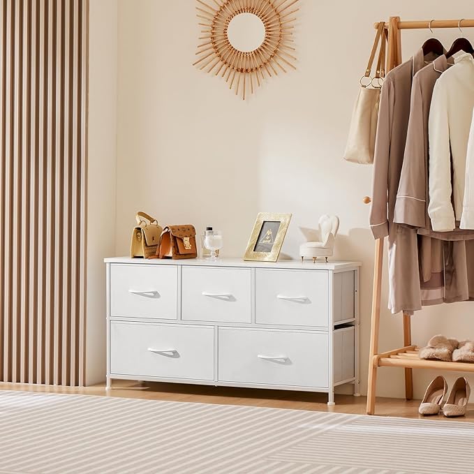 DUMOS Dresser for Bedroom, 5 Storage Drawers, Wide Fabric Closet Chests Organizer Tower Furniture with Wooden Top Metal Frame for Clothes, Guest Room, Living Room, Hallway, Entryway