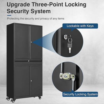 Black Metal Storage Cabinet with Wheels, 73" Tall Garage Rolling Storage Cabinets with Doors and Shelves, Lockable Tool Caninet Steel Locking Cabnets for Home Office, Garage, Pantry