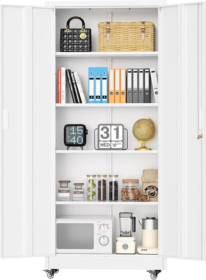 INTERGREAT Metal Storage Cabinet with Wheels, 73" Rolling Storage Cabinets with Door and 4 Shelves, Tall Storage Cabinets Locker on Caster for Home, Office(White)