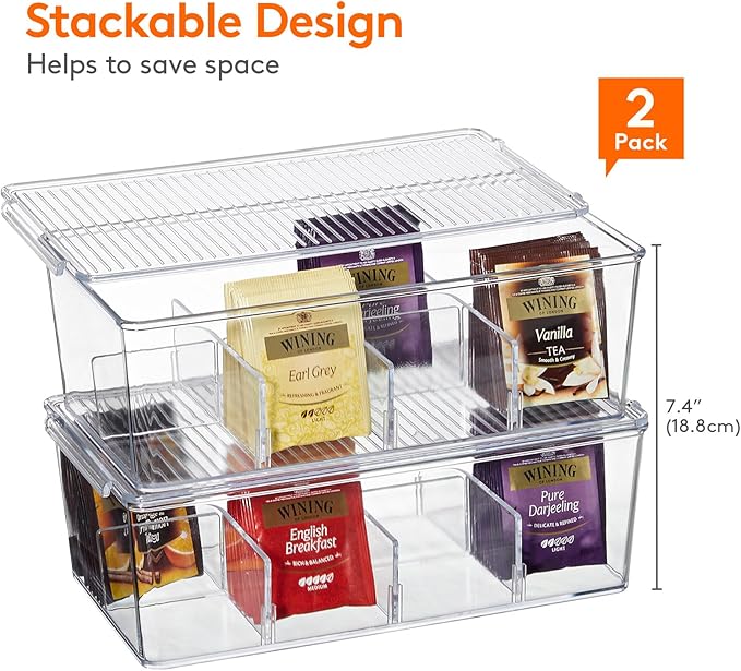 Lifewit Tea Bag Organizer with lids, Plastic Teabag Box with 16 Compartments, Stackable Divided Storage Containers for Cabinet, Pantry, Countertop, Hold Coffee Pods, Sugar Packets, Clear, 2 Pack