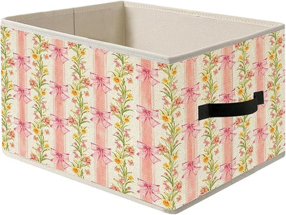 Pink Striped Bow Floral Storage Bin Box with Handles, Grandmillennial Shabby Chic Flower Botanical Foldable Organizer Basket Toybox for Girls Room Bedroom Bathroom Clothes Toys Books