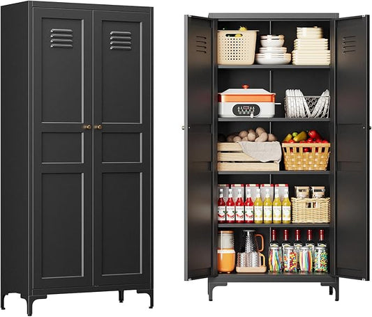 61" Tall Kitchen Pantry Storage Cabinet with 2 Doors and 4 Adjustable Shelve, Metal Black Food Pantry Cabinet, Kitchen Cabinet Storage Unit,5 Tier Freestanding Cupboard for Kitchen Dining/Living Room