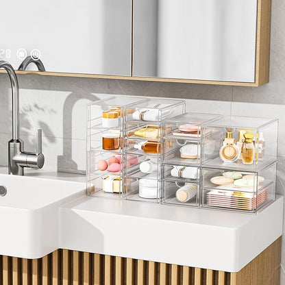 Acrylic Makeup Organizer with 31 Drawers, 6 Pack Clear Storage Drawers, Bathroom Makeup Organizer for Palettes, Cosmetic, and Beauty Supplies,Ideal for Vanity, Cabinet,Desk Organization