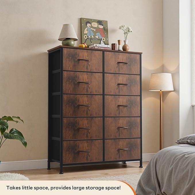 Sweetcrispy 10 Drawer Fabric Dresser Storage Tower with Bins, Tall Chest Organizer for Bedroom Closet Hallway, Steel Frame Wood Top Easy Pull Handles,Rustic Brown