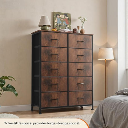 Sweetcrispy 10 Drawer Fabric Dresser Storage Tower with Bins, Tall Chest Organizer for Bedroom Closet Hallway, Steel Frame Wood Top Easy Pull Handles,Rustic Brown
