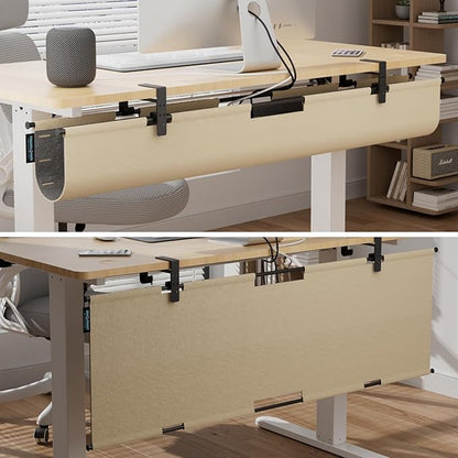 No Drill Under Desk Cable Management Tray, 45.2" Large Felt Cord Organizer with Pegboard-Style Design, Power Strip Holder, Privacy Panel for Standing Desk & Home Office, Clamp/Screw Mount (Khaki/Gray)