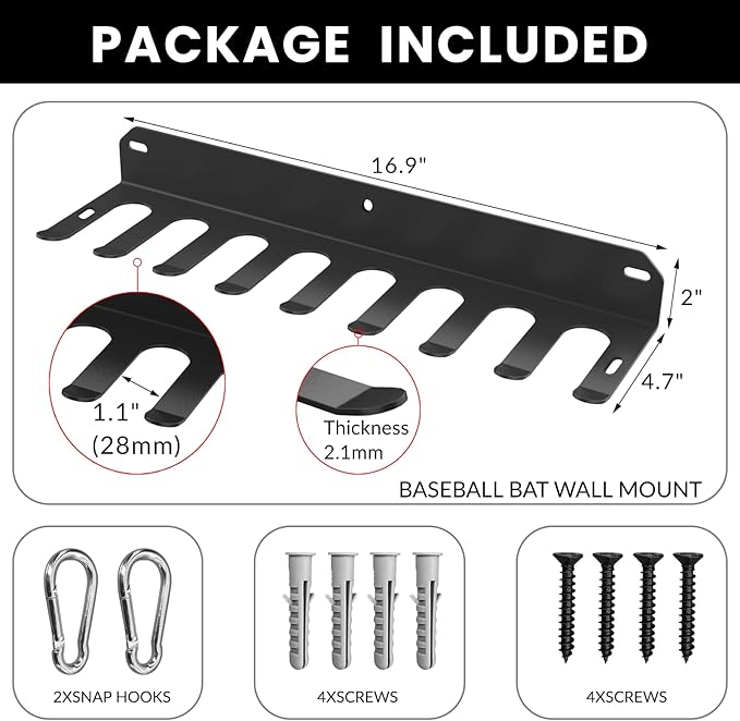 Wall Mount Baseball Bat Rack, Hold 16 Bats, Home Gym Sports Equipment Organizer Hanger, Olympic Barbells Holder, Heavy Duty Hooks for Hangs Bats,Gloves,Hats,Bags,Balls,Row Handles or Tools, 2 Pack