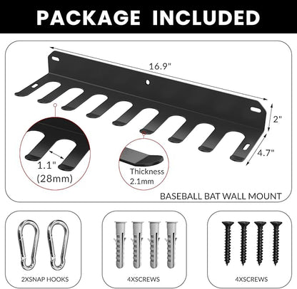 Wall Mount Baseball Bat Rack, Hold 16 Bats, Home Gym Sports Equipment Organizer Hanger, Olympic Barbells Holder, Heavy Duty Hooks for Hangs Bats,Gloves,Hats,Bags,Balls,Row Handles or Tools, 2 Pack