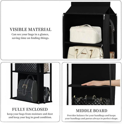 8 Grids in 1 Rotatable Hanging Purse Handbag Organizer with Double Zippers, Visible Purse Organizer for Closet, Fully Enclosed Handbag Storage Holder-Black