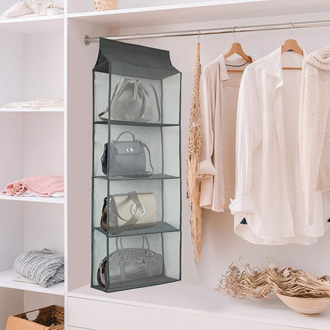 Closet Handbag Purse Holder, Space Saving Hanging Handbag Storage Tote Bag Organizer Holder with 4 Large Heavy-Duty Mesh Shelves for Wardrobe Closet(Gray)