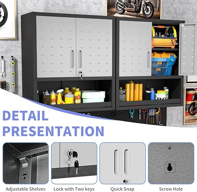 Garage Storage Cabinet System 7pcs Heavy Duty Workshop Set Wall Cabinet Lockable Rolling Tool Cabinets with Adjustable Shelves Metal Garage Storage Cabinets