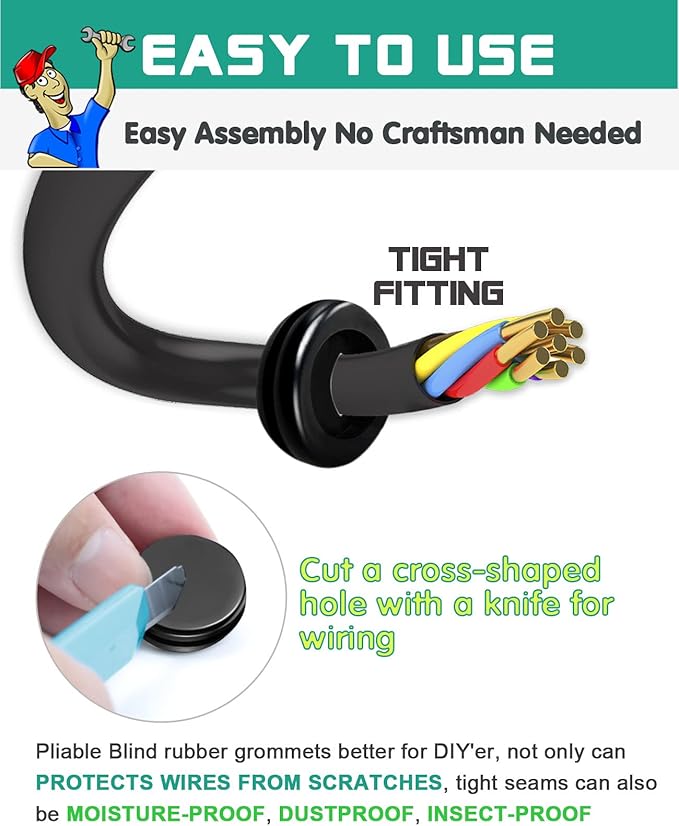 Rubber Grommet Kit 200 Pack - 7 Sizes Firewall Rubber Hole Plugs - Automotive, Home Improvement Cord Pipe Wire Organization
