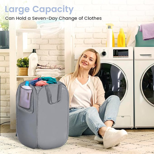 HOUSE AGAIN Upgraded Pop Up Hampers for Laundry, Collapsible Laundry Basket with Durable Handles & High Carbon Steel Frame, Wide Opening, Solid Bottom and Side Pocket for Clothes and Storage(Grey)