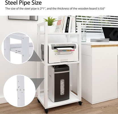 Natwind 3-Tier Movable Printer Stand Floor-Standing Desk Side Shredder Stand Computer Host Holder Adjustable Storage Shelf Rack on Wheels for Fax Scanner File Book (White)