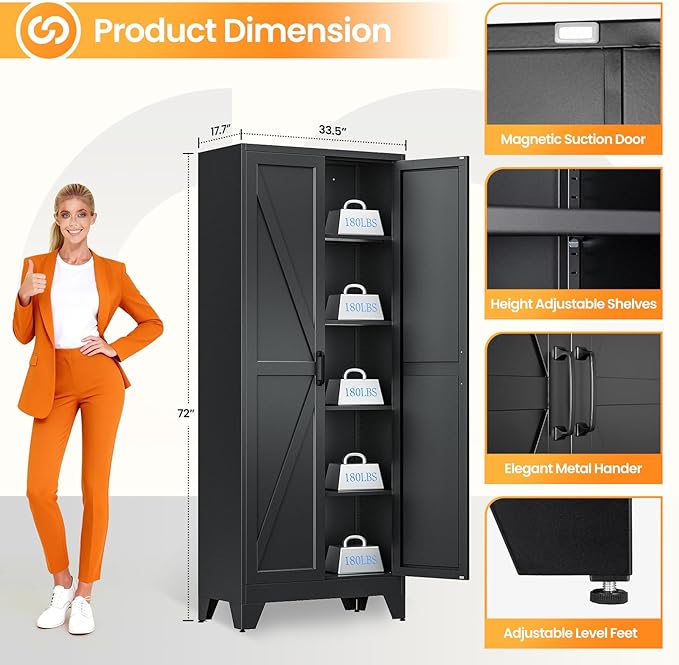 Metal Black Storage Cabinet with 2 Doors and 4 Adjustable Shelve, 72" Tall Kitchen Pantry cabinets, Farmhouse Food Pantry Cabinet,5 Tier Freestanding Barn Door Cupboard for Kitchen Dining/Living Room