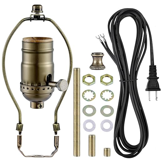 Lamp Rewire Kit,Make a Lamp or Repair Kit,3-Way Lamp Socket with Matching Cord Lamp Harp Set,Lamp Wiring Kit for Table Floor Lamp,Essential Hardware for DIY Lamp Design or Repair (Antique Brass, 1)