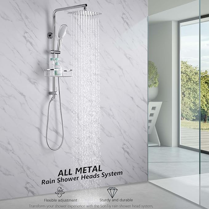 Rain Shower System with 304Stainless Steel Shelf, 12 Inch Rainfall Shower Head System with Handheld Spray, SonTiy Dual Shower Combo with Height Adjustable Holder, Brass Diverter, 1.8 GPM, Chrome