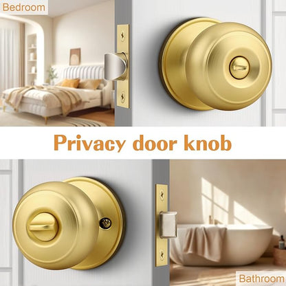 Probrico Gold Door Knobs for Bedroom Bathroom, Interior Door Knob with Round Ball, Brushed Brass Privacy Door Knob, 3 Pack