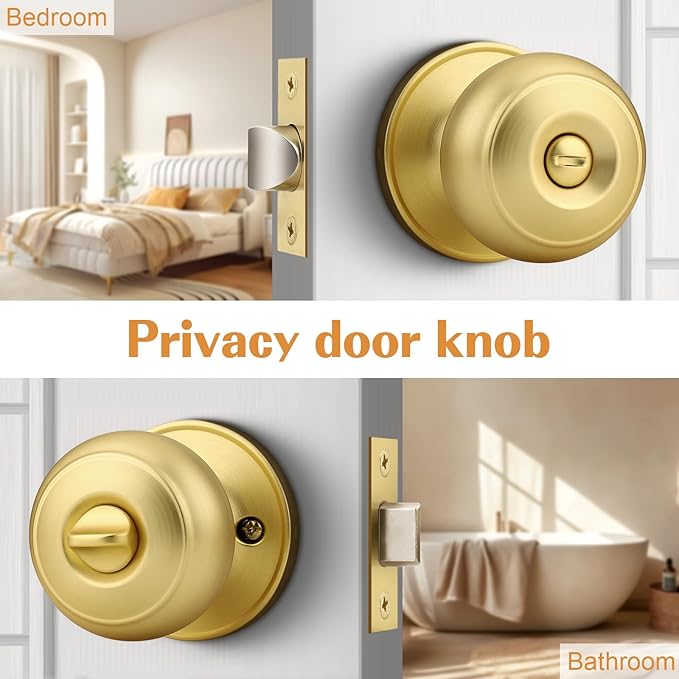 Probrico Brushed Brass Bed/Bath Knobs Keyless Privacy Interior Doors Locksets, Gold Door Knobs 10 Pack