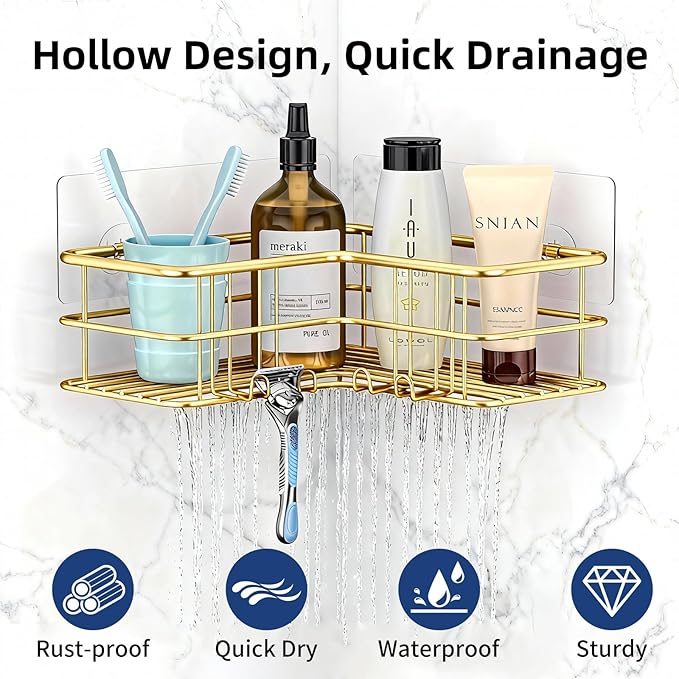 Menbyci 2 Pack Corner Shower Caddy, Adhesive Bathroom Shelf with 8 Hooks, Rustproof Stainless Steel Bathroom Organizer, No Drilling Shower Shelves Basket Wall Storage Rack Shampoo Holder (Gold)