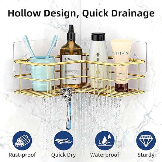 Menbyci 2 Pack Corner Shower Caddy, Adhesive Bathroom Shelf with 8 Hooks, Rustproof Stainless Steel Bathroom Organizer, No Drilling Shower Shelves Basket Wall Storage Rack Shampoo Holder (Gold)