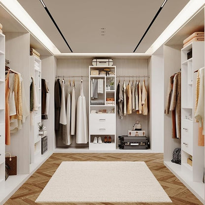 COTUBLR Closet System, 48" W - 105” W Closet Organizer with 24” Tower and 2 Extendable Hanging Rods, Walk-in Wardrobe Garment Rack with 2 Wooden Drawers and 6 Shelves, Fit up to 600 LBS (White)