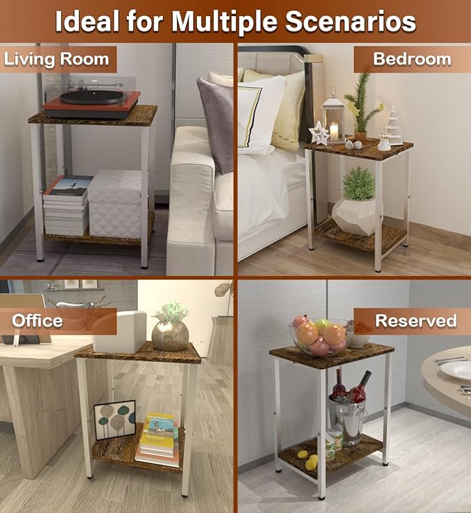 2 Tier Side Table, Heavy Duty End Table with Shelves, Narrow Nightstand Table for Small Spaces, Record Player Table for Bedroom, Living Room, Sofa Couch - Rustic Brown & White
