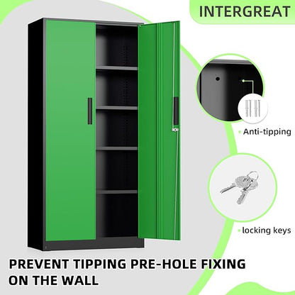 INTERGREAT Metal Storage Cabinet, Garage Steel Locking Cabinets with Doors and 4 Adjustable Shelves, Tall Lockable File Tool Cabinets for Home Office, Classroom Cabinet Basement, Black-Green