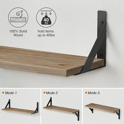 Forbena Wood Floating Shelves for Wall 24 inches Long, Large Bathroom Hanging Shelves Set of 3, Wall Mounted Storage Shelf for Bathroom Bedroom Living Room Kitchen Closet (Natural Wood)