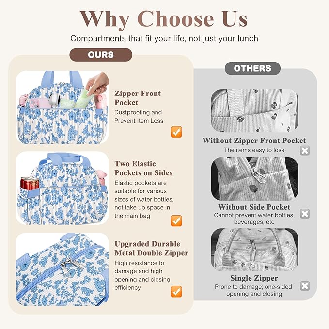 Lunch Bag Lunch Box for Women, Cute Corduroy Insulated Reusable Work Leakproof Simple Adults Flower Large Lunch Boxes Tote Bag Men Cooler Bag