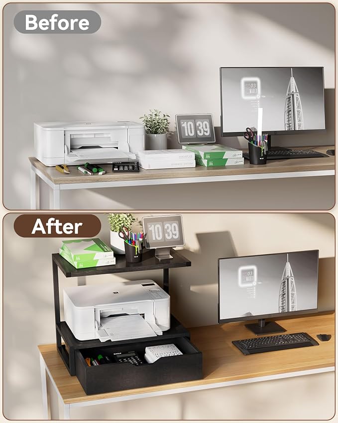 IBUYKE 2 Tier Desktop Printer Stand,Multi-Purpose Desk Organizer,Printer Table with Storage Shelf for Folders,Books,for Fax Machine, Scanner,Home Office,Black TLJ015B