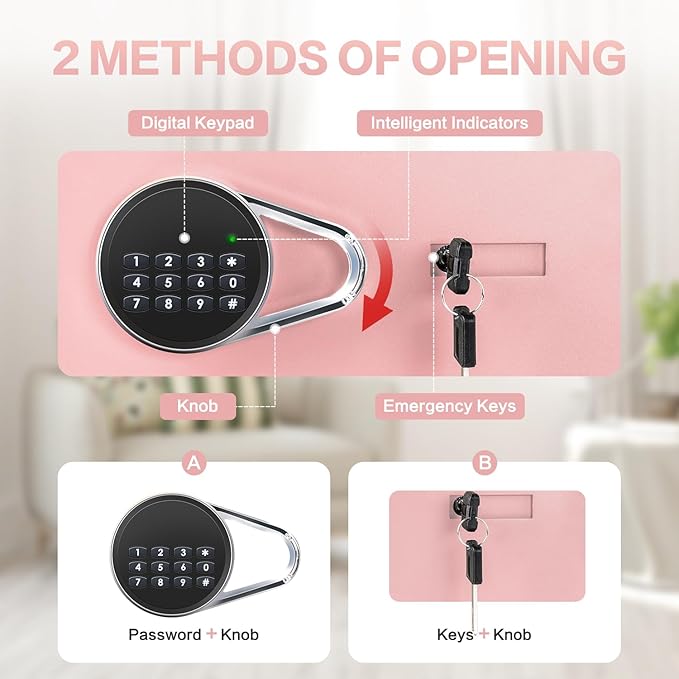 Safe for Home, 1.0 Cubic Feet Small Safe with Removable Shelf, Alarm System, Digital Electronic Security Money Box for Cash, Document, Home, Office, Hotel Use, Pink, 9.84"D x 13.78"W x 9.84"H