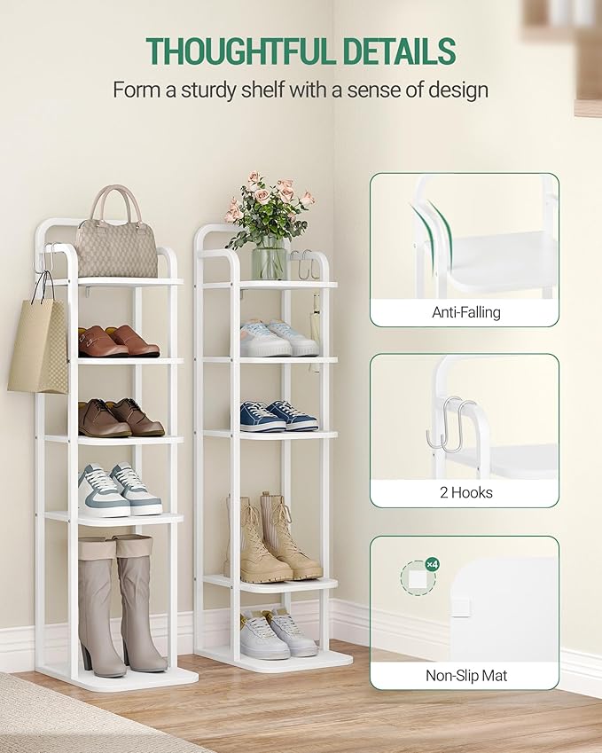 6 Tiers Vertical Shoe Rack, Narrow Shoe Tower, Tall Shoes Shelf with 2 Hooks, Adjustable Shelves, Corner Shoes Shelves for Small Spaces, Entryway, Living Room, White SR04213W
