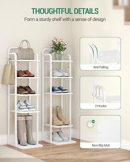 6 Tiers Vertical Shoe Rack, Narrow Shoe Tower, Tall Shoes Shelf with 2 Hooks, Adjustable Shelves, Corner Shoes Shelves for Small Spaces, Entryway, Living Room, White SR04213W